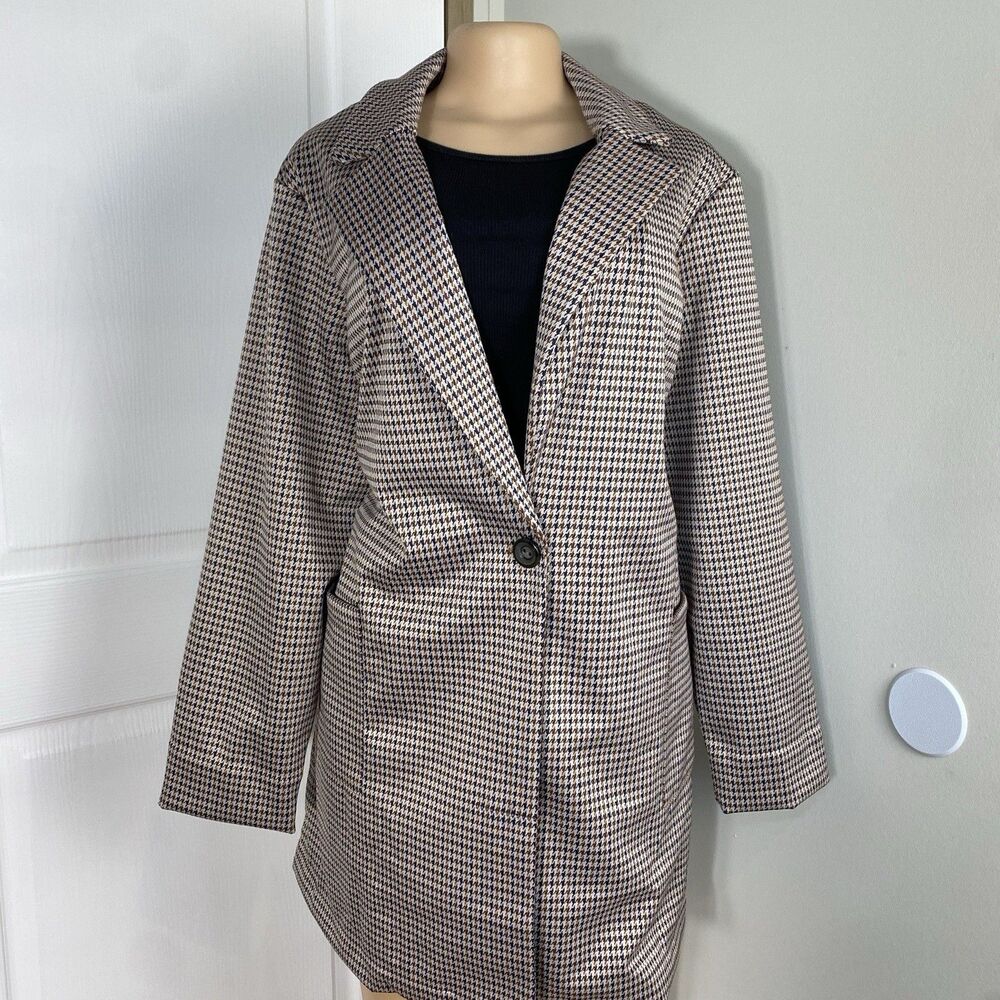 Philosophy Republic Womens long blazer sz 2X Houndstooth brown earth tones coat